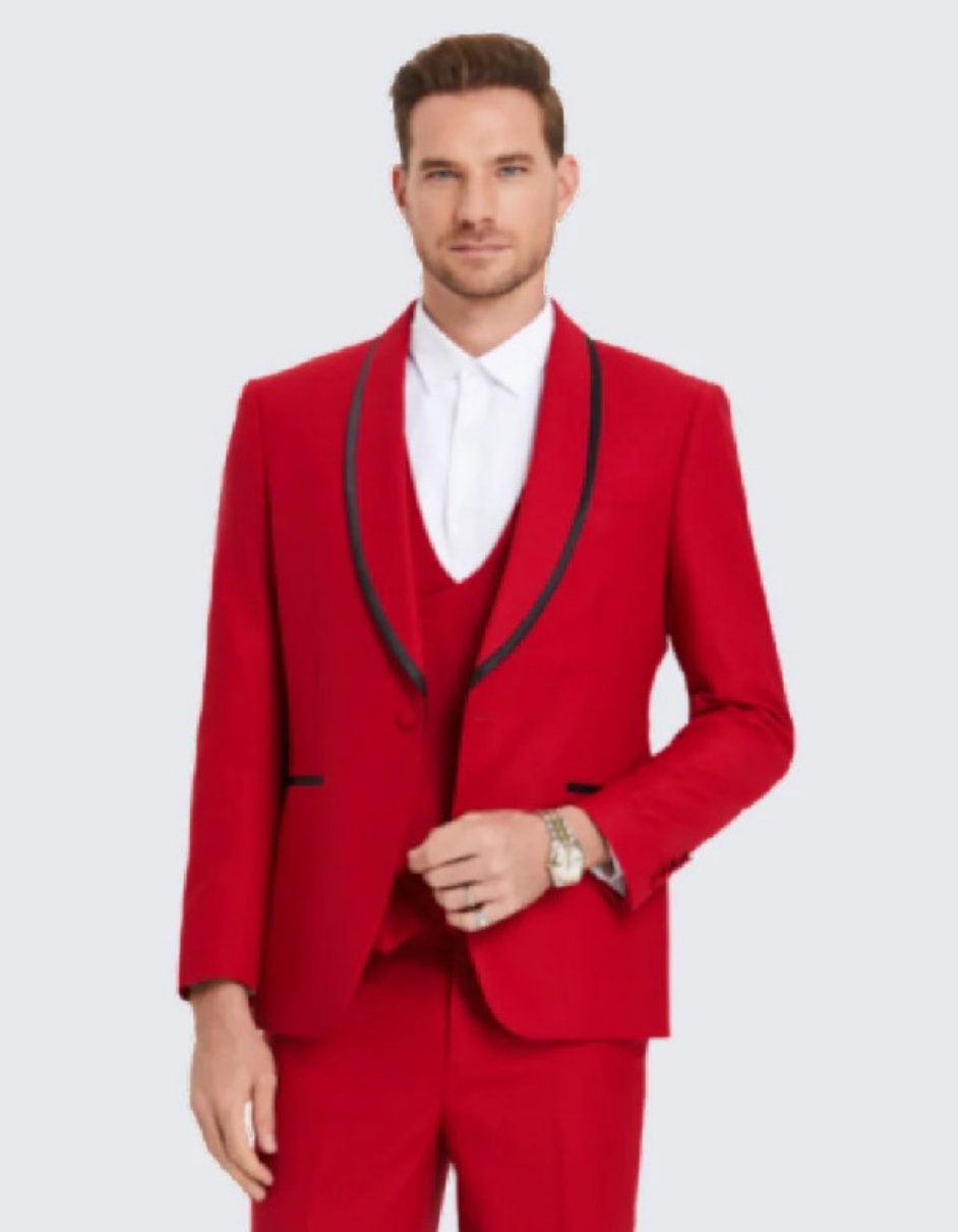 Red Shawl Label Textured Tuxedo with Satin Trim Four Piece Set - Wedding - Prom by Men's Tuxedo USA