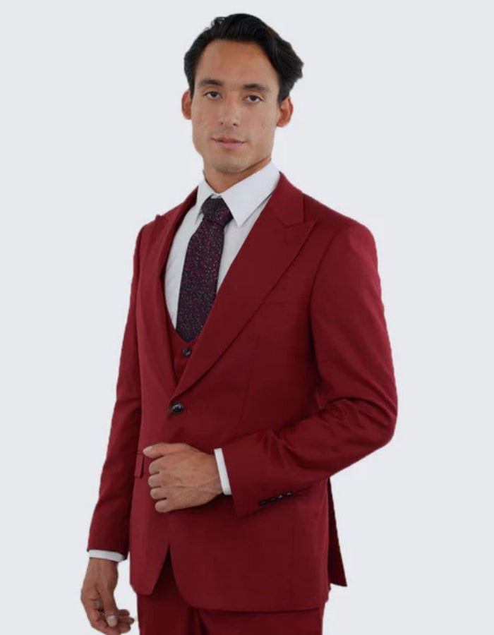 Red Slim Fit Three Piece Suit with Large Peak Lapel One Button - Wedding - Prom by Men's Tuxedo USA