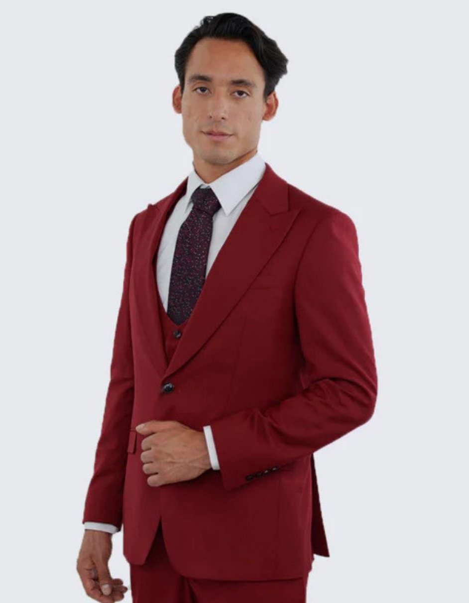 Red Slim Fit Three Piece Suit with Large Peak Lapel One Button - Wedding - Prom by Men's Tuxedo USA