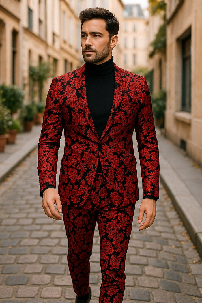 Mens Red and Black Floral Brocade Tuxedo Suit - Two Piece Slim Fit Set by USA Men's Outlet