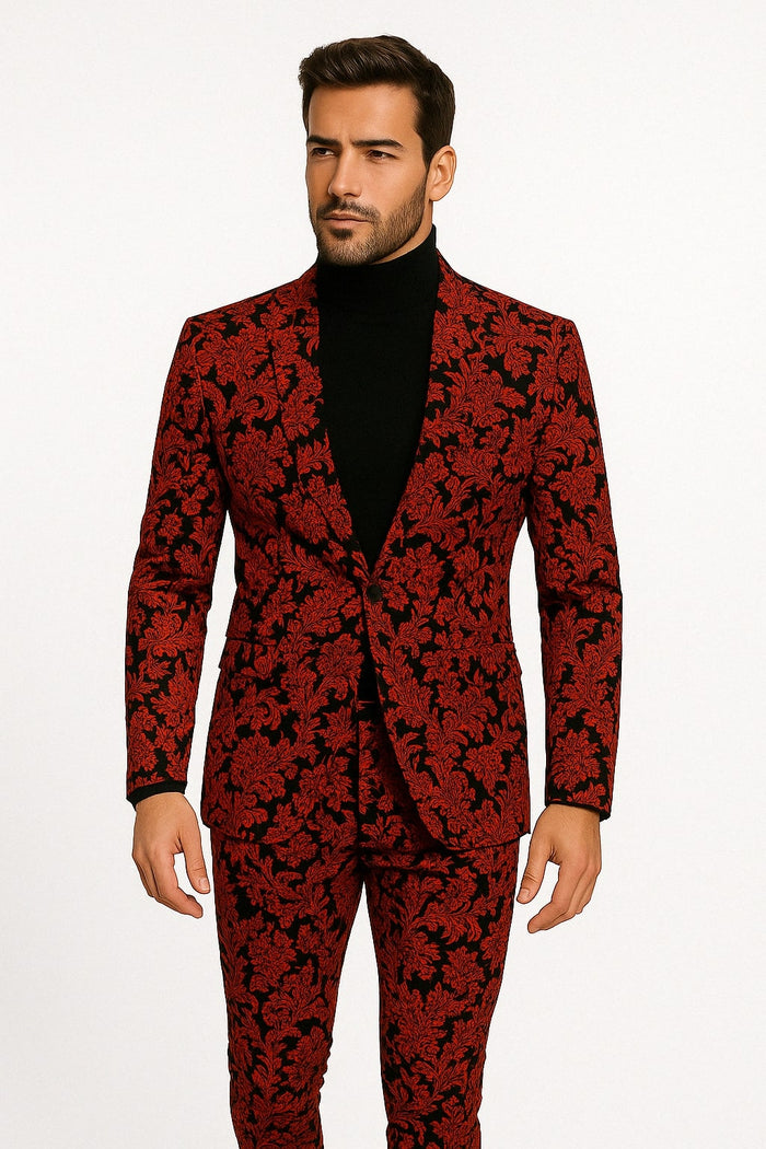 Mens Red and Black Floral Brocade Tuxedo Suit - Two Piece Slim Fit Set by USA Men's Outlet
