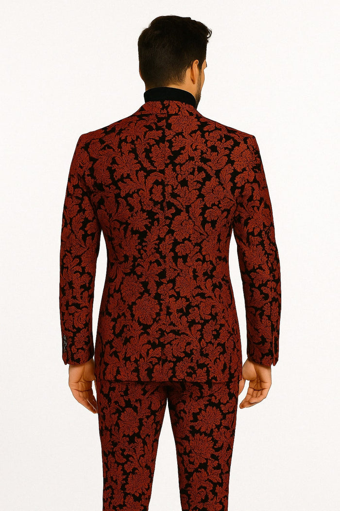 Mens Red and Black Floral Brocade Tuxedo Suit - Two Piece Slim Fit Set by USA Men's Outlet