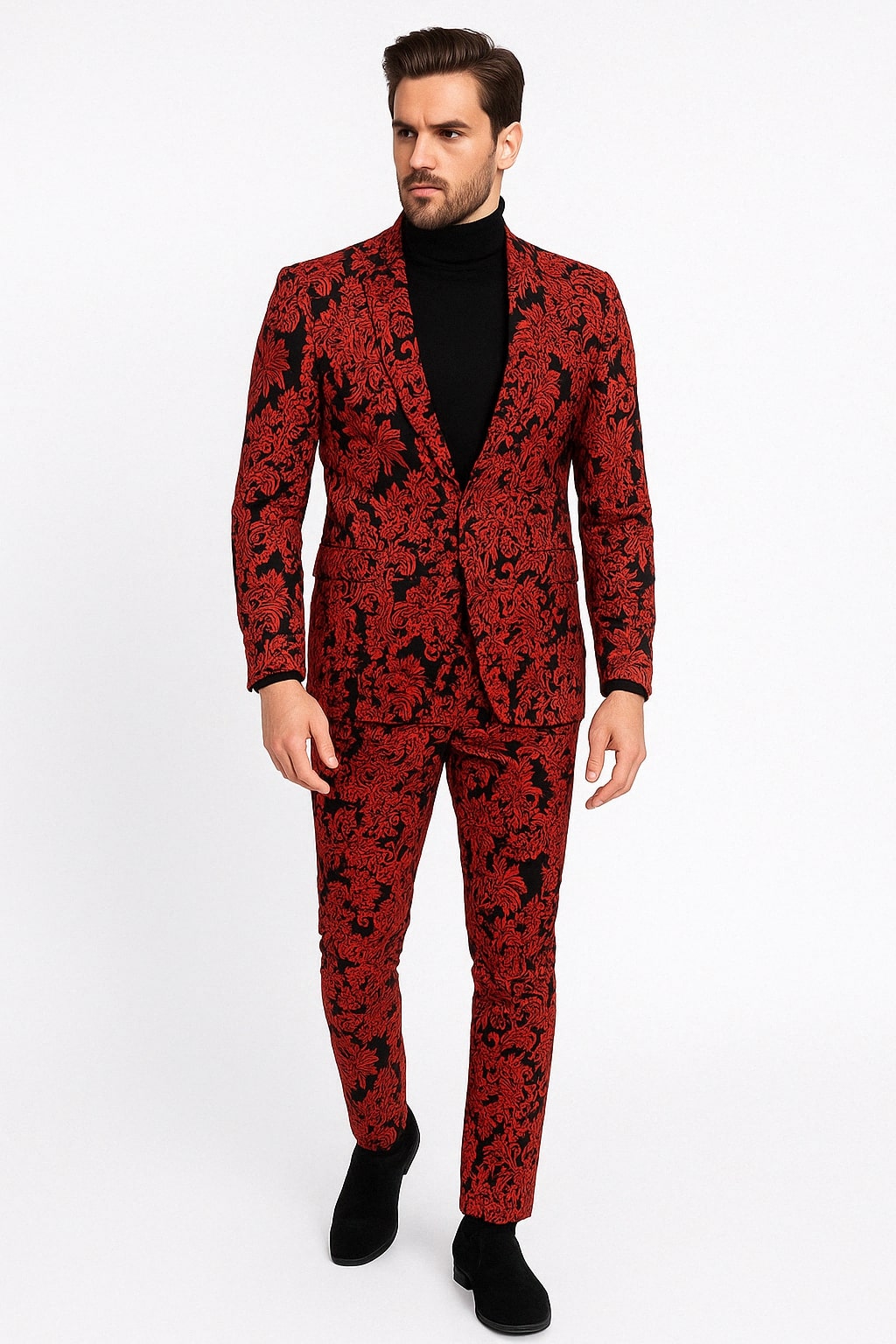 Mens Red and Black Floral Tuxedo Suit – Slim Fit 2 Piece Embroidered Outfit for Weddings, Prom, and Formal Events – SuitUSA