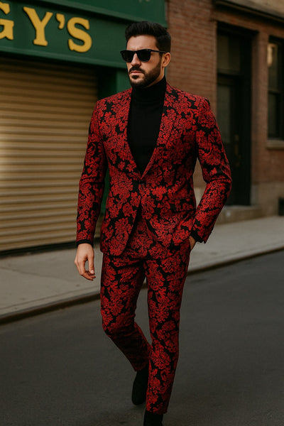 Mens Red and Black Floral Tuxedo Suit – Slim Fit 2 Piece Embroidered Outfit for Weddings, Prom, and Formal Events
