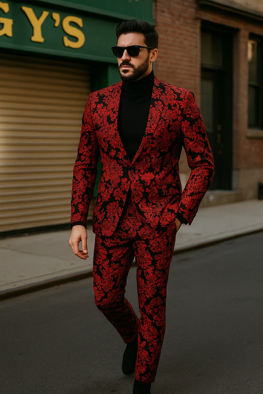 Mens Red and Black Floral Tuxedo Suit - Slim Fit 2 Piece Embroidered Outfit for Weddings, Prom, and Formal Events - USA Men's Outlet