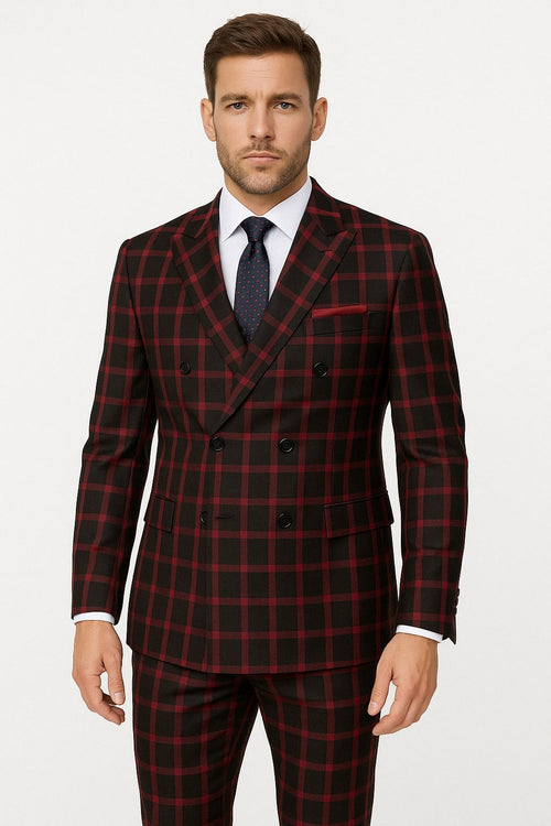 Mens Red and Black Plaid Double-Breasted Suit – Slim Fit Checkered 2 Piece Formal Business Outfit suit
