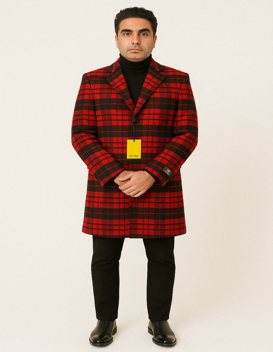 Mens Red and Black Plaid Wool Overcoat – Three Quarter Carcoat - Christmas Coat - Red Peacoat – SuitUSA