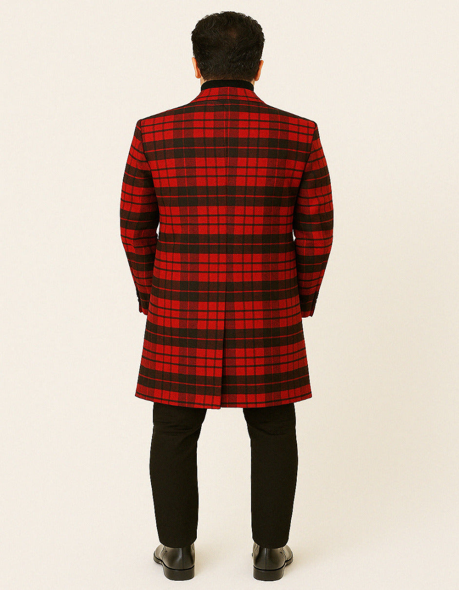 Mens Red and Black Plaid Wool Overcoat – Three Quarter Carcoat - Christmas Coat - Red Peacoat