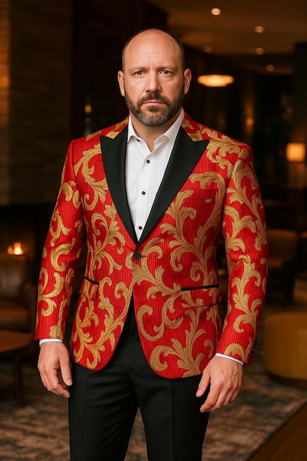 Mens Red and Gold Embroidered Tuxedo Blazer – Baroque Style One Button Dinner Jacket with Black Satin Lapel
