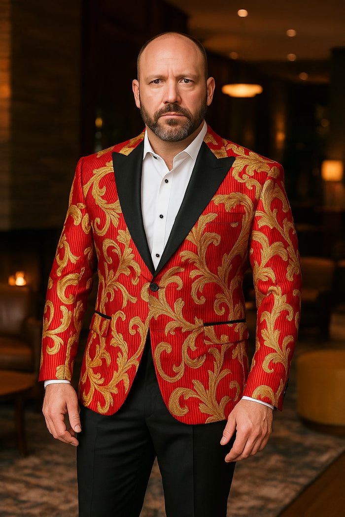 Mens Red and Gold Embroidered Tuxedo Blazer - Baroque Style One Button Dinner Jacket with Black Satin Lapel by USA Men's Outlet