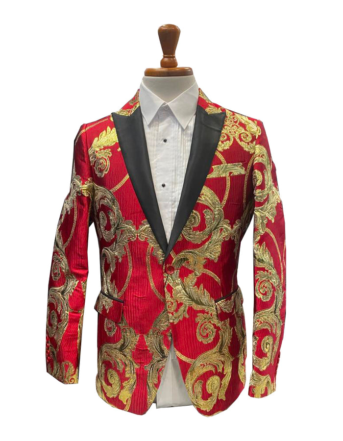 Mens Red and Gold Embroidered Tuxedo Blazer - Baroque Style One Button Dinner Jacket with Black Satin Lapel by USA Men's Outlet