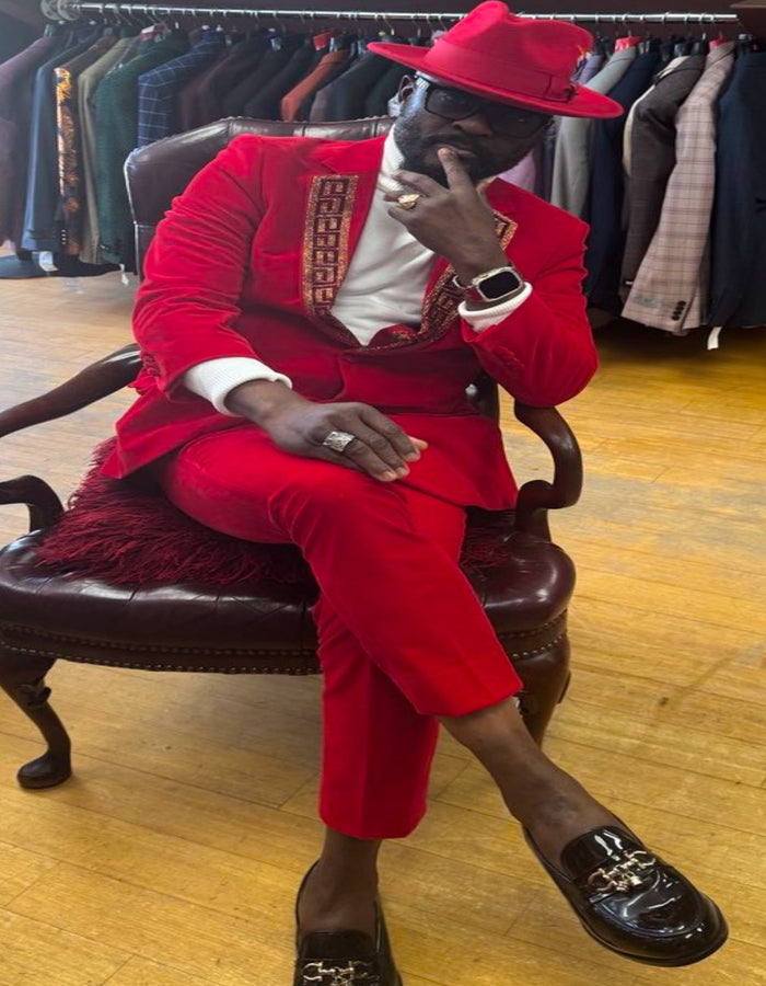 Red and Gold Tuxedo - Velvet Fabric Suit (Prom Velvet Blazer With Velvet Pants) by USA Men's Outlet