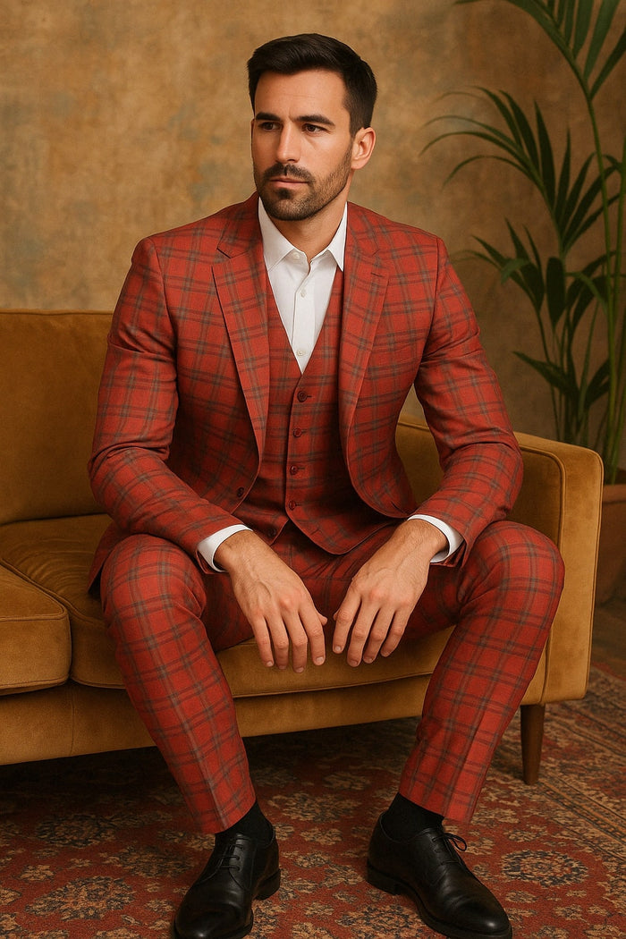 Mens Red and Grey Plaid 3-Piece Suit with Vest - Modern Fit Peak Lapel By Dominique Wilson USA Men's Outlet