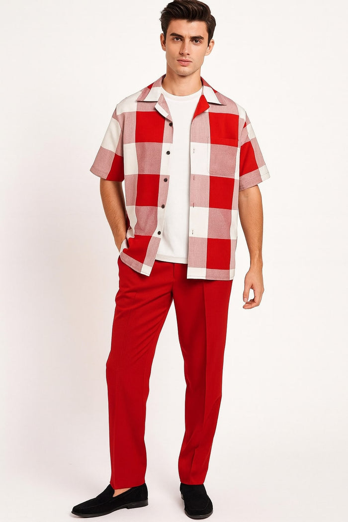 Mens Red and White Checkered Short Sleeve Shirt Set - Casual Two-Piece Summer Outfit by USA Men's Outlet
