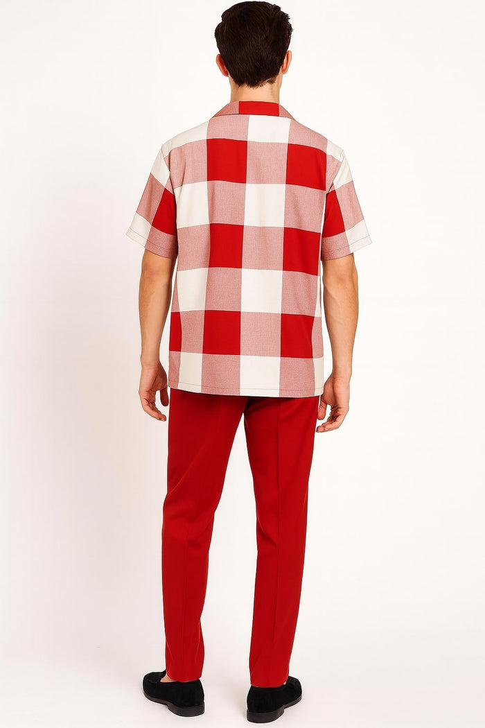 Mens Red and White Checkered Short Sleeve Shirt Set - Casual Two-Piece Summer Outfit by USA Men's Outlet