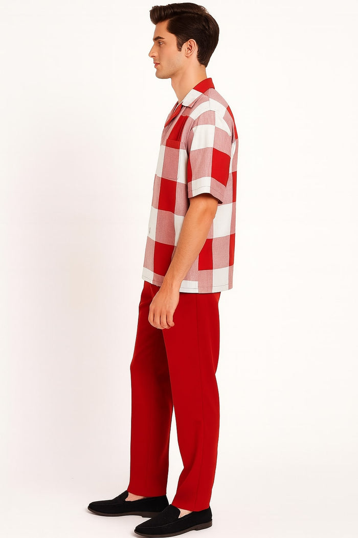 Mens Red and White Checkered Short Sleeve Shirt Set - Casual Two-Piece Summer Outfit by USA Men's Outlet