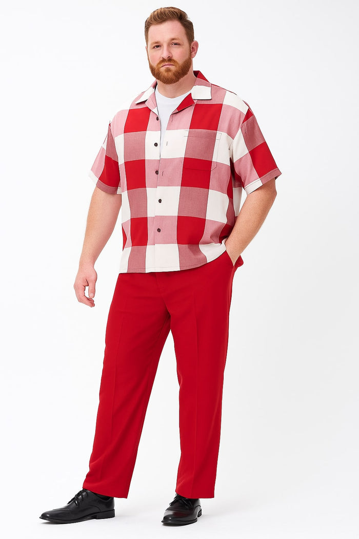 Mens Red and White Checkered Short Sleeve Shirt Set - Casual Two-Piece Summer Outfit by USA Men's Outlet