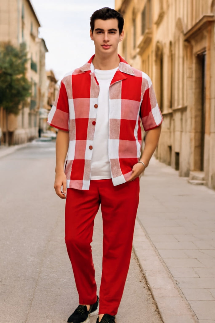 Mens Red and White Checkered Short Sleeve Shirt Set - Casual Two-Piece Summer Outfit by USA Men's Outlet