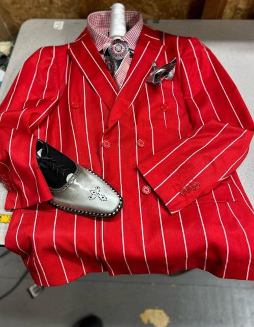Mens Double Breasted Blazer Suit Jacket - Bold Pinstripe Sport Coat in Red and White Pinstripe Suit