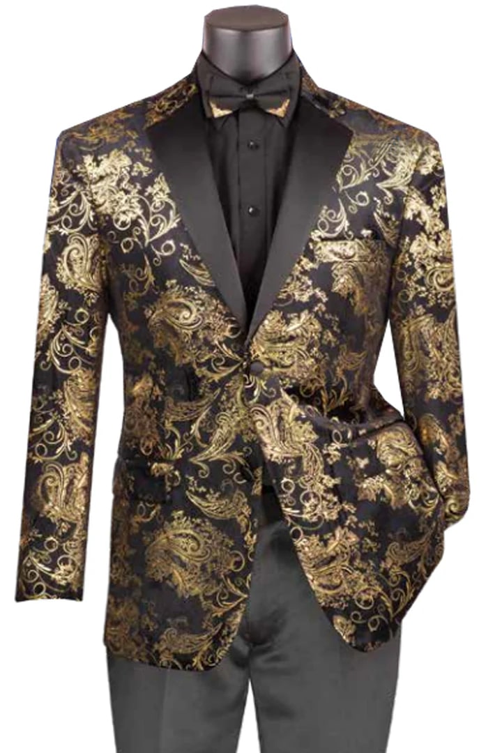 Gold Prom Tuxedo Suit - Gold Wedding Suit - Mens Paisley Velvet Foil Smoking Jacket Tuxedo