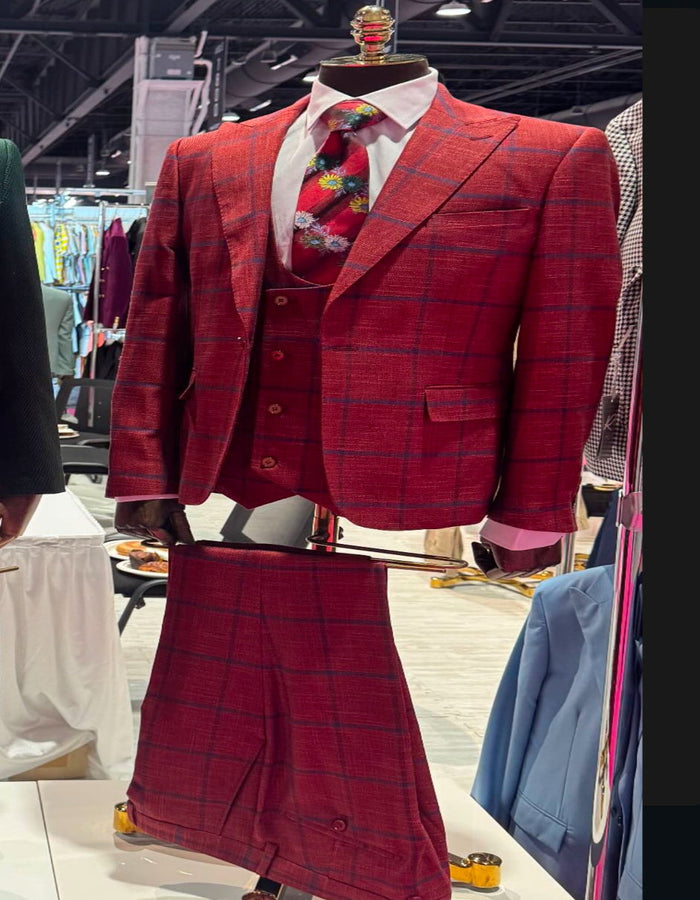 Rossiman Men’s Red & Blue Plaid Double-Breasted Suit - Two-Piece Formalwear by USA Men's Outlet