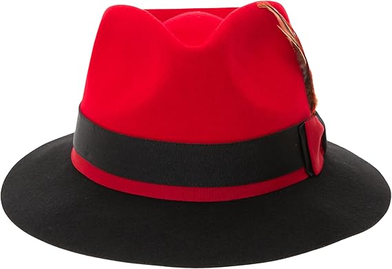 Gangster 100% Austrailian Wool Crushable Mens Fedora Hat - Removable Feather Gangster Red and Black Mens Fedora Hat USA Men's Outlet