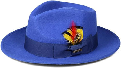 Gangster 100% Australian Wool Crushable Mens Fedora Hat - Removable Feather Gangster Royal Blue Mens Fedora Hat