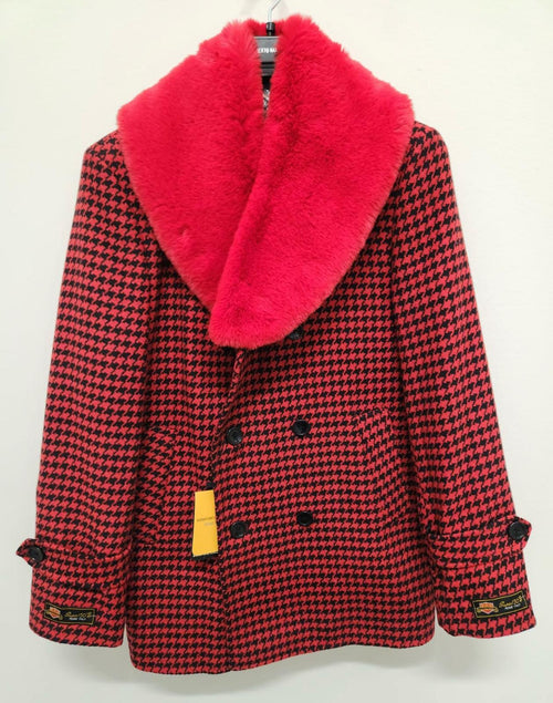 Men’s Red and Black Houndstooth Overcoat with Faux Fur Shawl Collar – Luxury Double-Breasted Winter Coat