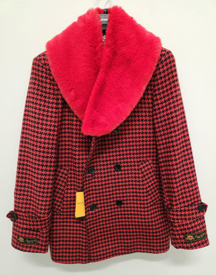 Men’s Red and Black Houndstooth Overcoat with Faux Fur Shawl Collar - Luxury Double-Breasted Winter Coat by USA Men's Outlet