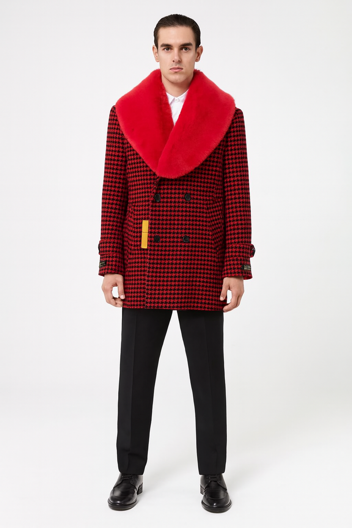 Men’s Red and Black Houndstooth Overcoat with Faux Fur Shawl Collar - Luxury Double-Breasted Winter Coat by USA Men's Outlet