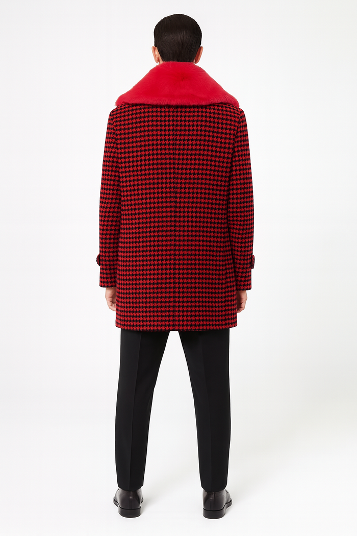 Men’s Red and Black Houndstooth Overcoat with Faux Fur Shawl Collar - Luxury Double-Breasted Winter Coat by USA Men's Outlet