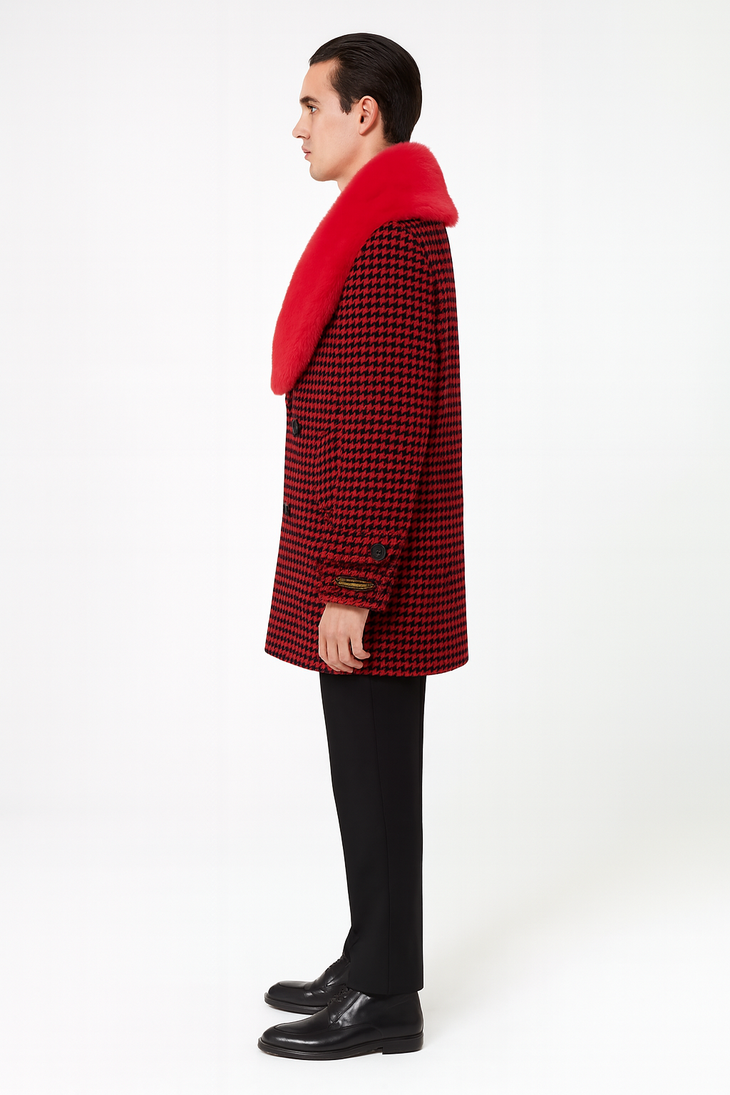 Men’s Red and Black Houndstooth Overcoat with Faux Fur Shawl Collar – Luxury Double-Breasted Winter Coat