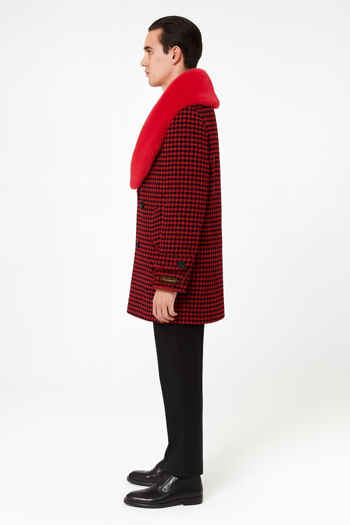 Men’s Red and Black Houndstooth Overcoat with Faux Fur Shawl Collar - Luxury Double-Breasted Winter Coat by USA Men's Outlet