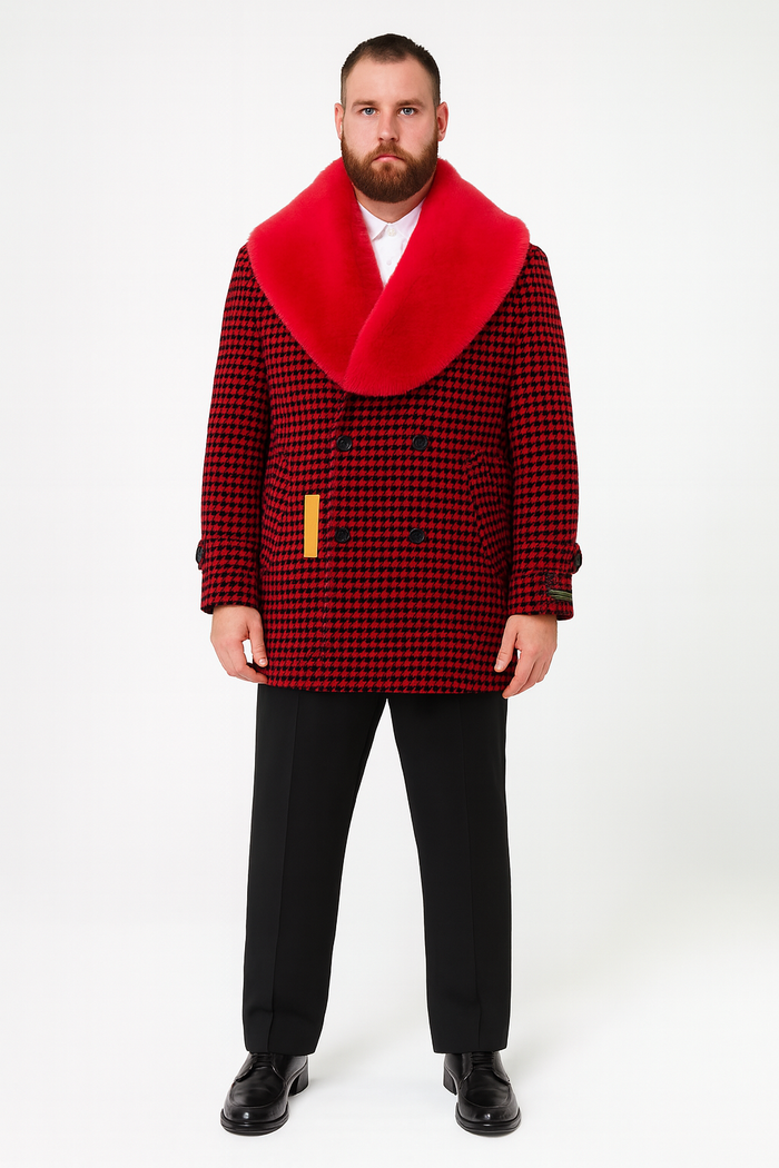 Men’s Red and Black Houndstooth Overcoat with Faux Fur Shawl Collar - Luxury Double-Breasted Winter Coat by USA Men's Outlet