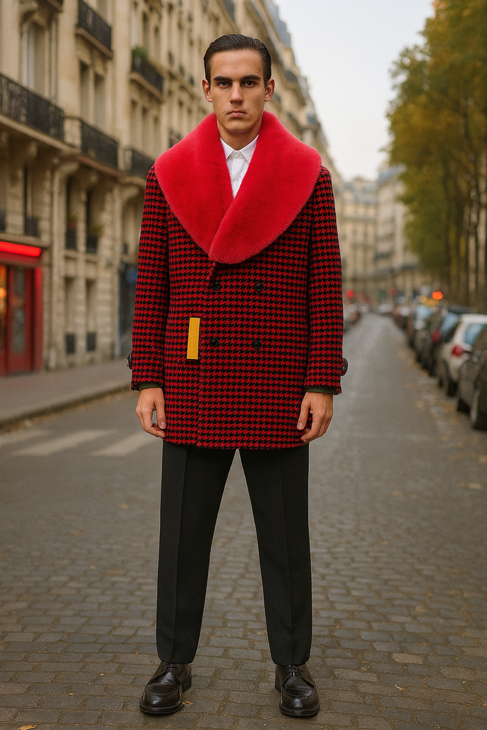 Men’s Red and Black Houndstooth Overcoat with Faux Fur Shawl Collar - Luxury Double-Breasted Winter Coat by USA Men's Outlet