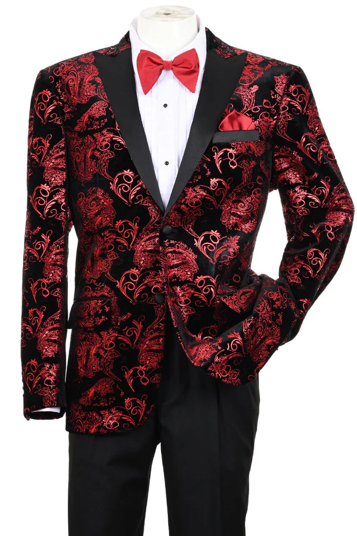 Mens 80s Prom Suit Perfect Outfit - Men's Modern Fit Velvet Floral Paisley Foil Red and Black Tuxedo