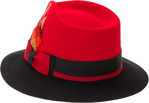 Gangster 100% Austrailian Wool Crushable Mens Fedora Hat - Removable Feather Gangster Red and Black Mens Fedora Hat USA Men's Outlet