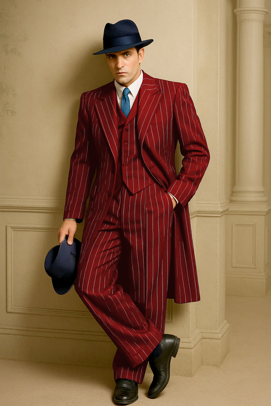 Mens Red Pinstripe Suit – Classic Long Coat Style with White Stripes