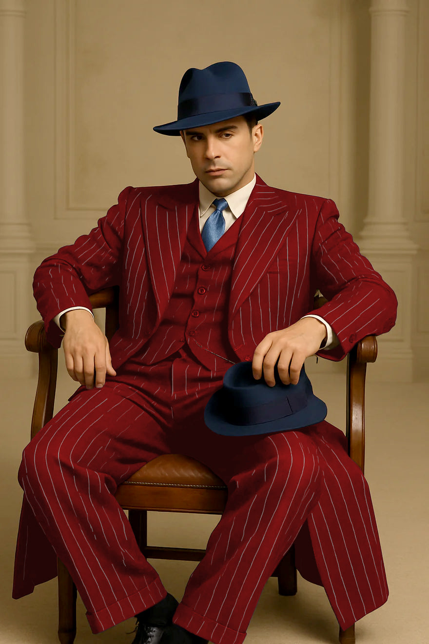 Mens Red Pinstripe Suit – Classic Long Coat Style with White Stripes