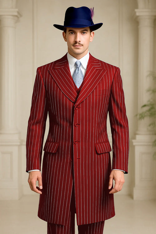 Mens Red Pinstripe Suit - Classic Long Coat Style with White Stripes by USA Men's Outlet
