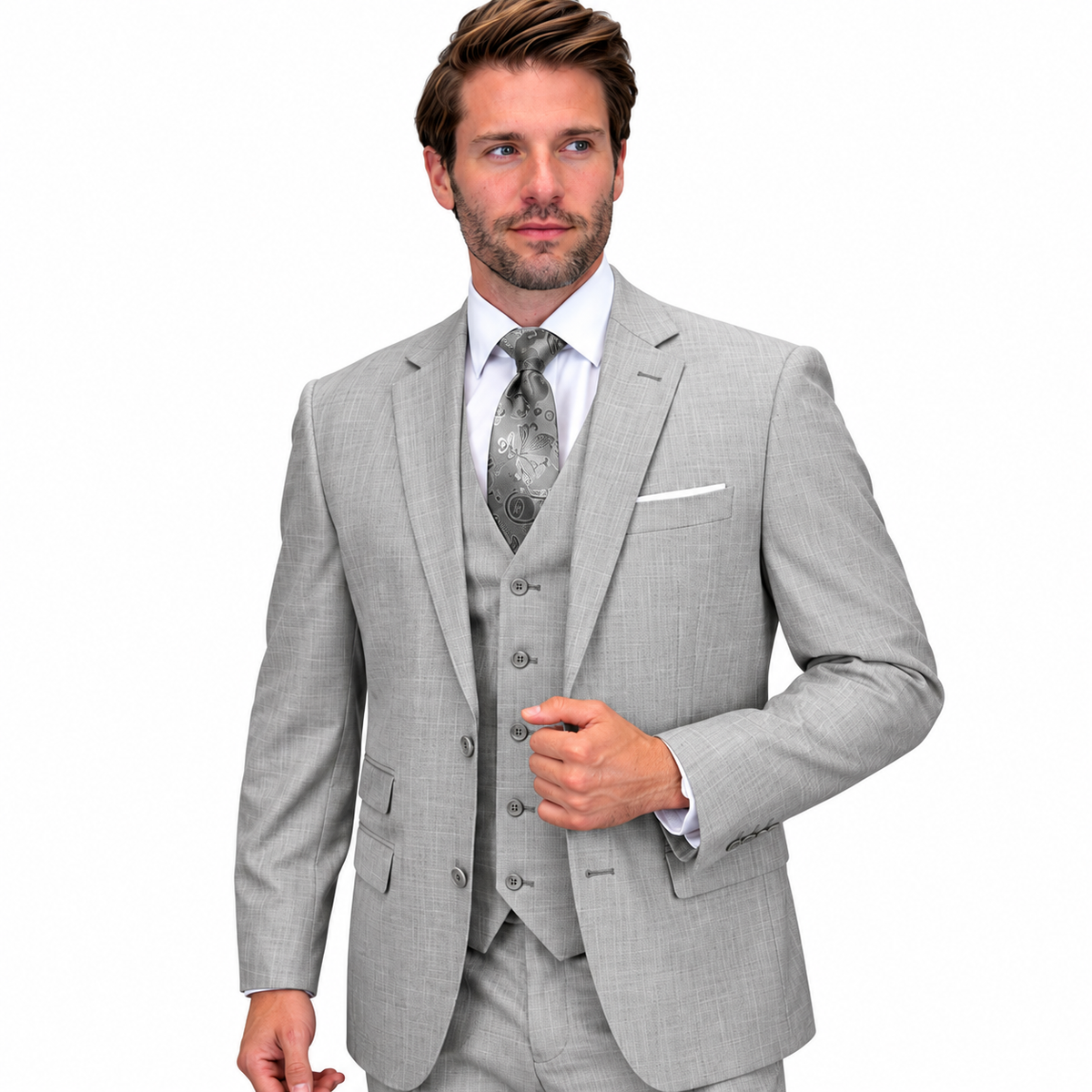 Men’s 3 Piece Sharkskin Suit with Vest - Modern Fit Gray