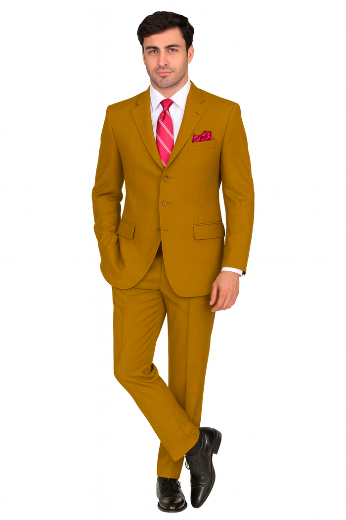 Mens 3 Button Classic Fit Poplin Suit in Tan by Fortino Landiin