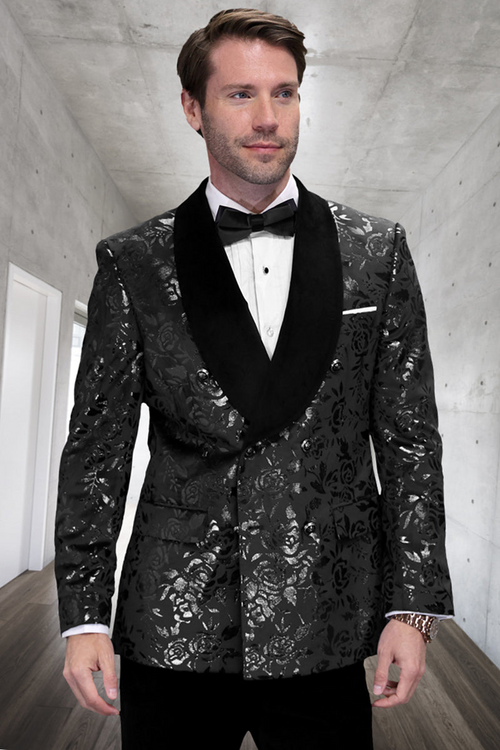 Men's Double Breasted Foil Paisley Dinner Jacket in Black