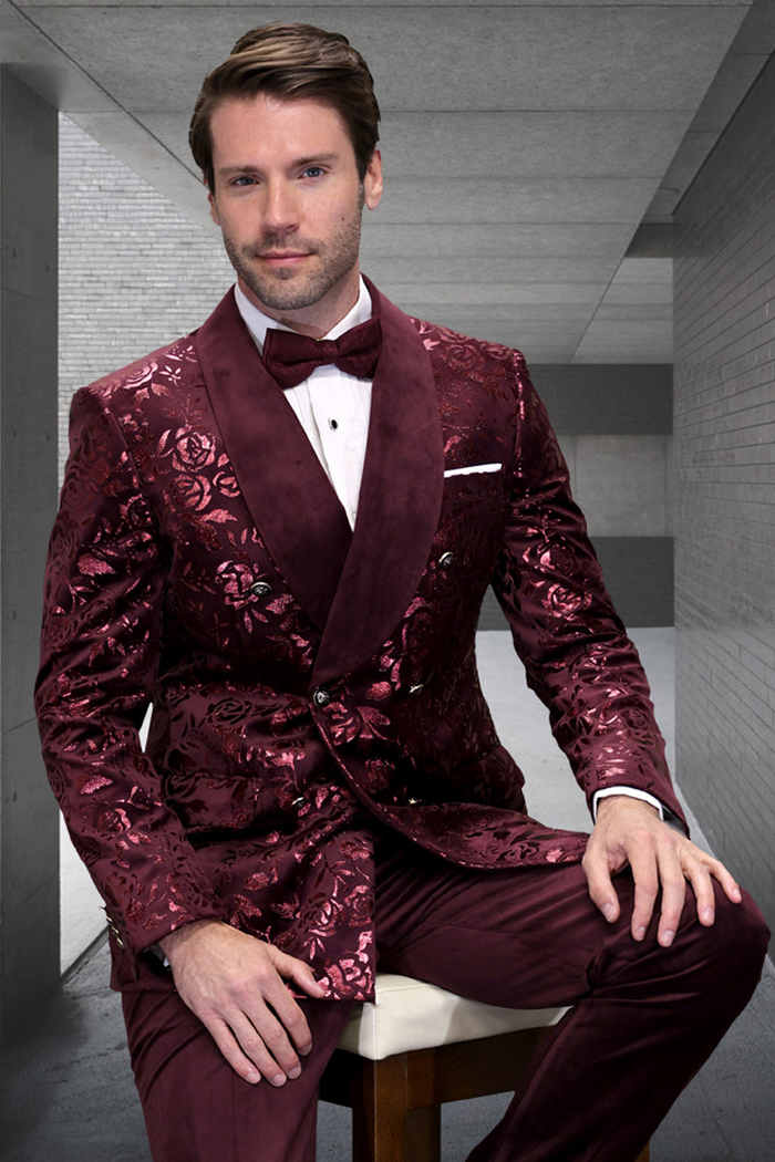 Men's Burgundy Double Breasted Foil Paisley Dinner Jacket