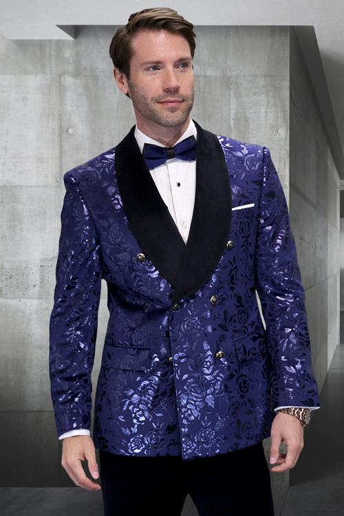 Men's Double Breasted Foil Paisley Dinner Jacket in Sapphire Blue