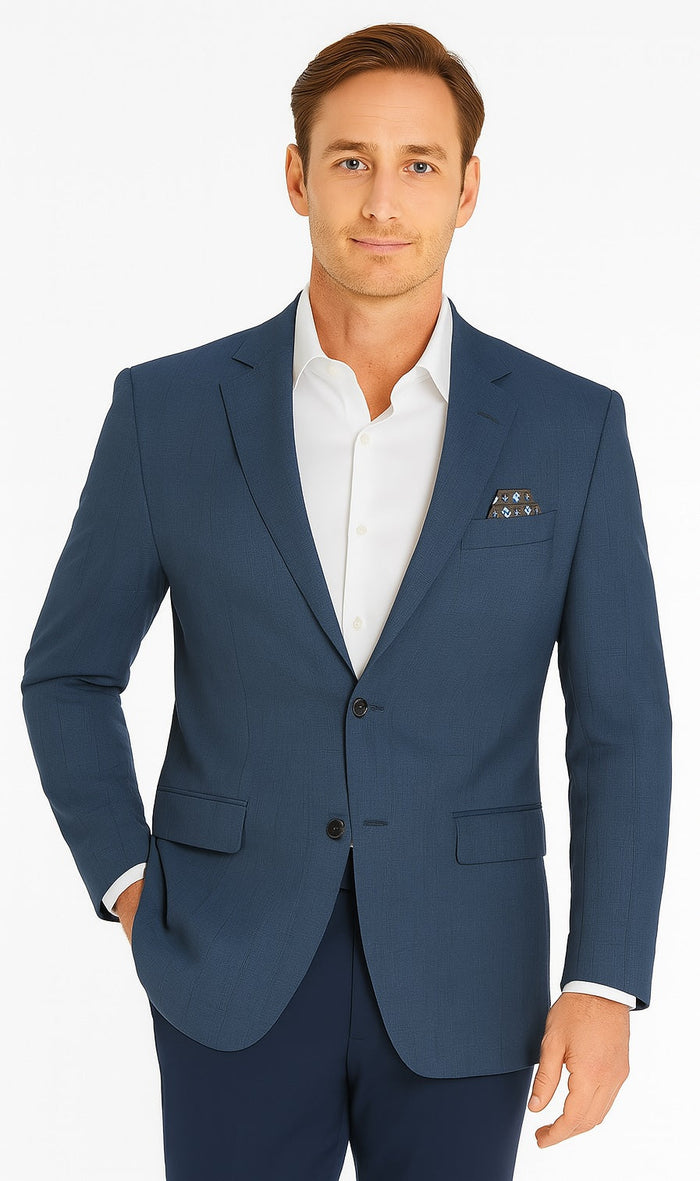 Renoir Men's 2-Button Wool Steel Blue Windowpane Sport Coat Blazer - Classic Fit