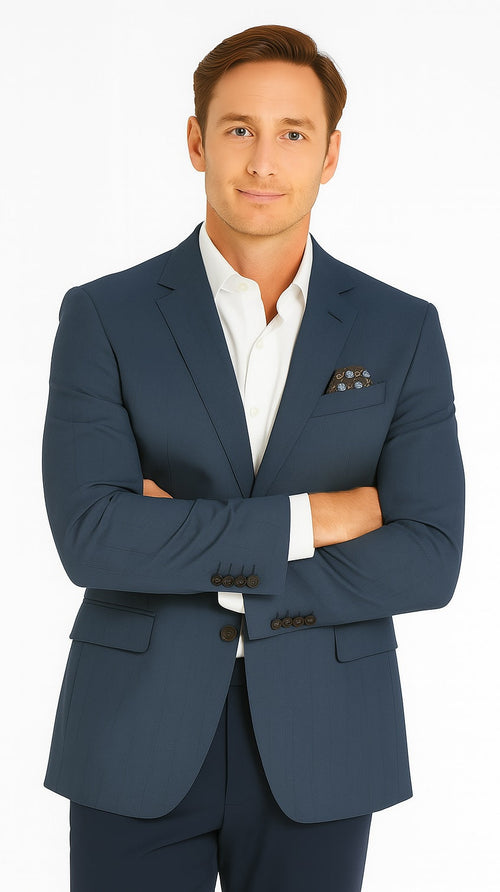 Renoir Men's 2-Button Wool Steel Blue Windowpane Sport Coat Blazer - Classic Fit