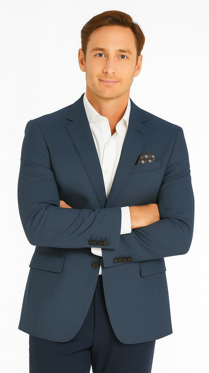 Renoir Men's 2-Button Wool Steel Blue Windowpane Sport Coat Blazer - Classic Fit