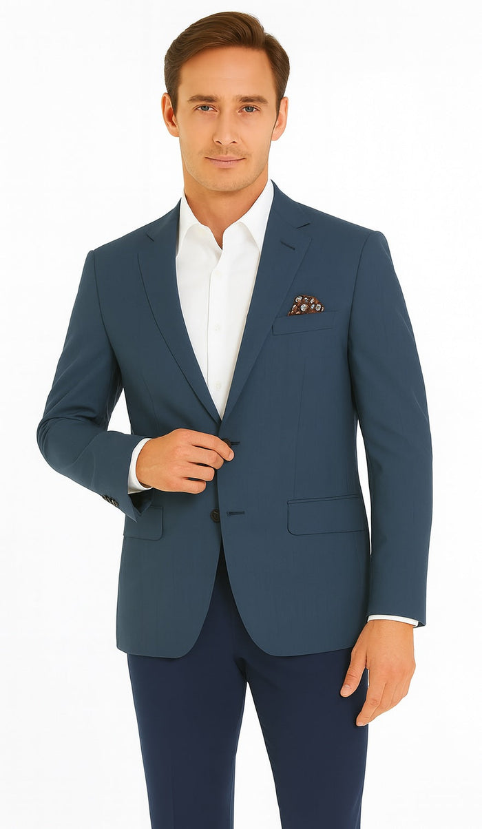 Renoir Men's 2-Button Wool Steel Blue Windowpane Sport Coat Blazer - Classic Fit