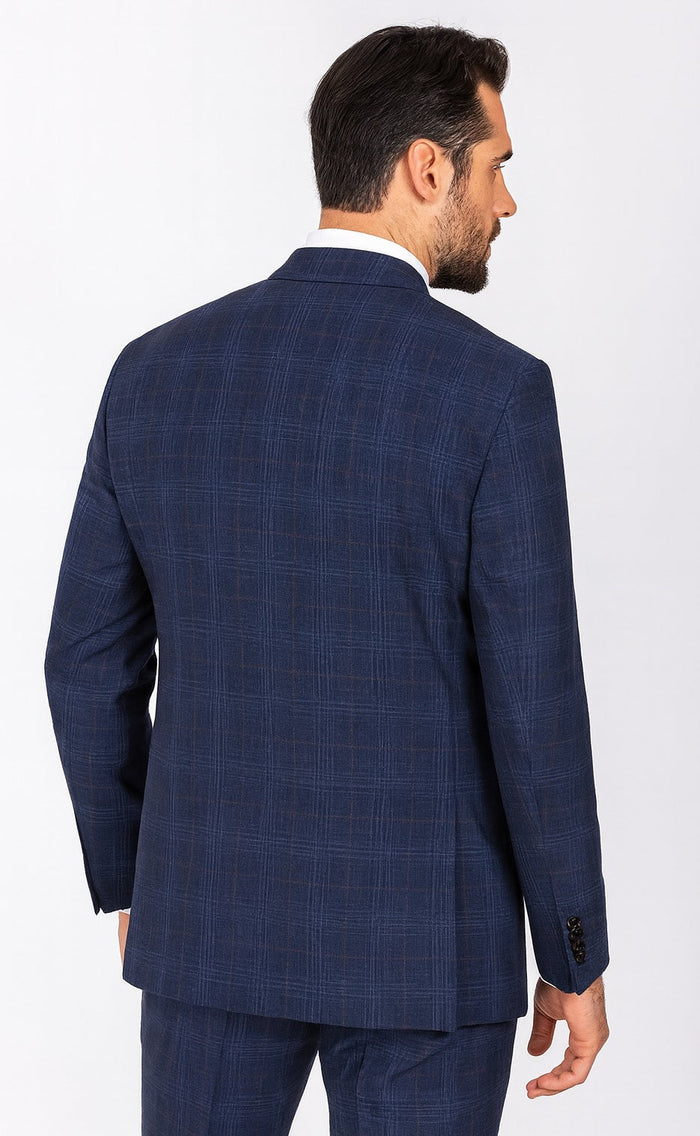 Renoir Men's Classic Fit Wool-Linen Blazer in Blue Windowpane Plaid